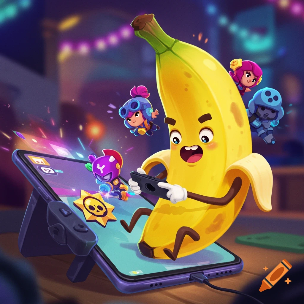 A cheerful cartoon banana with arms and legs plays a mobile game on a phone while tiny game characters fly around it in a vibrant, stylized setting.