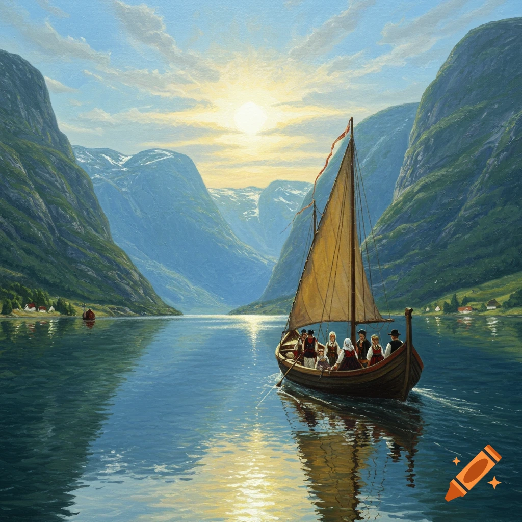 Painting of a traditional wooden sailboat with people in folk costumes on a serene fjord, surrounded by green mountains under a bright sun.