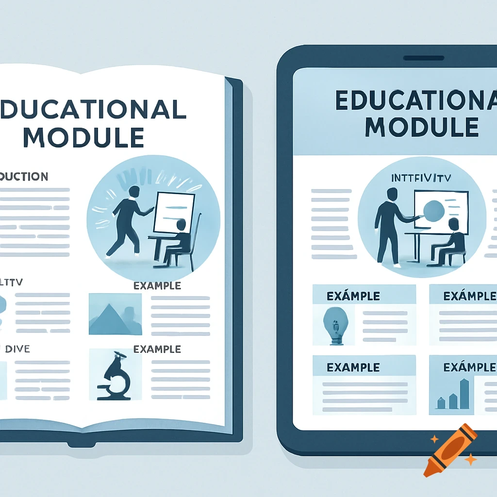 An open book and a tablet displaying 'Educational Module' interfaces with text and illustrations of people learning and scientific symbols, in an infographic style.