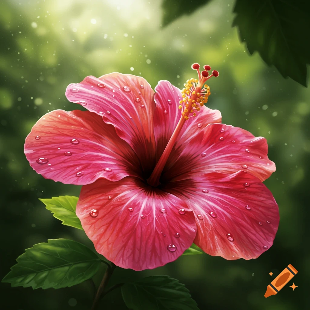 A vibrant pink hibiscus flower with glistening water droplets on its petals, set against a soft green, sunlit background.