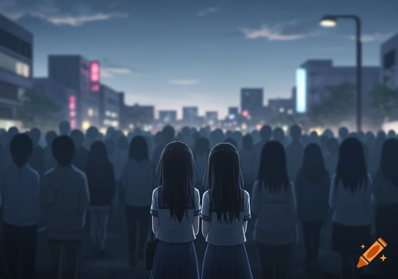 Two anime schoolgirls stand with their backs to the viewer in a dense, dark crowd within a glowing city at dusk.