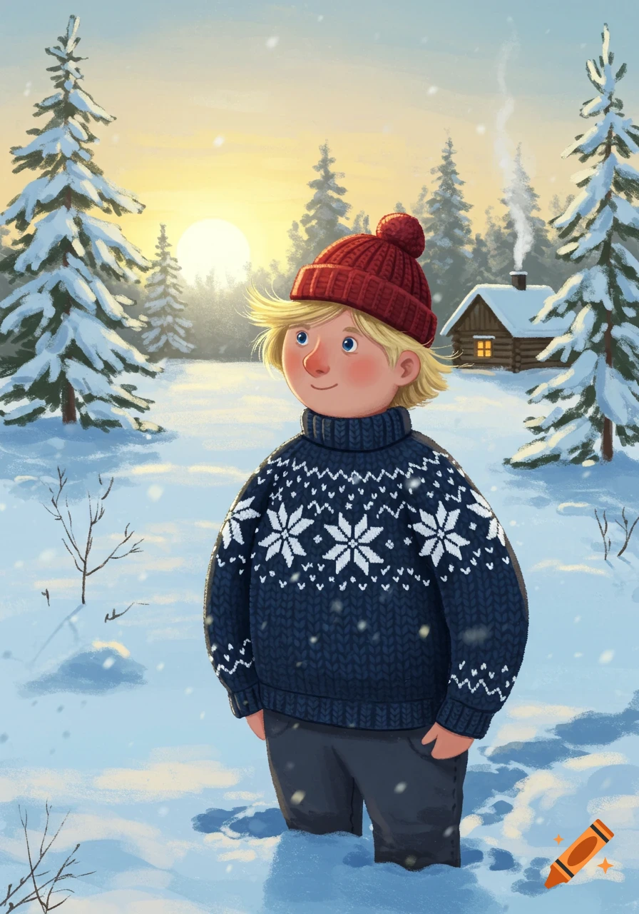 An illustration of a blond boy in a red hat and blue snowflake sweater standing in deep snow in a winter forest at sunrise.