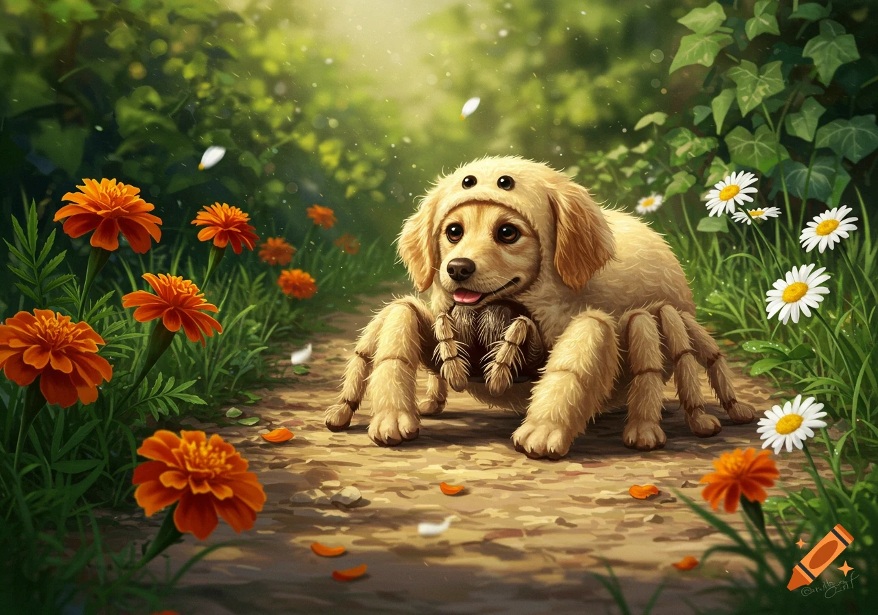 A golden retriever puppy in a spider costume walks on a path surrounded by orange and white flowers in a sunny forest.