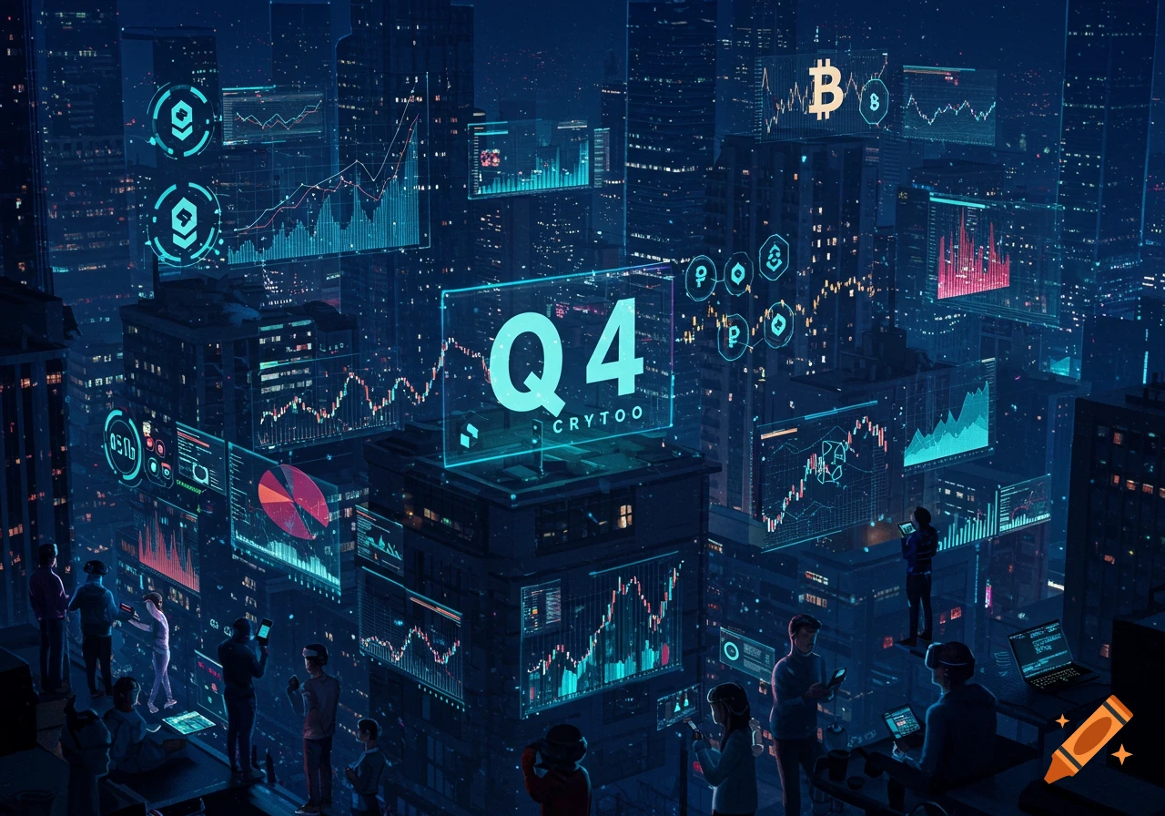 A futuristic cityscape at night with people interacting with holographic screens displaying cryptocurrency data and charts.
