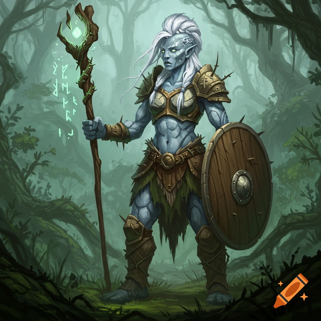 A female stone giant druid with pale blue skin, white mohawk, and thorny armor stands in a misty forest, holding a glowing staff and wooden shield.