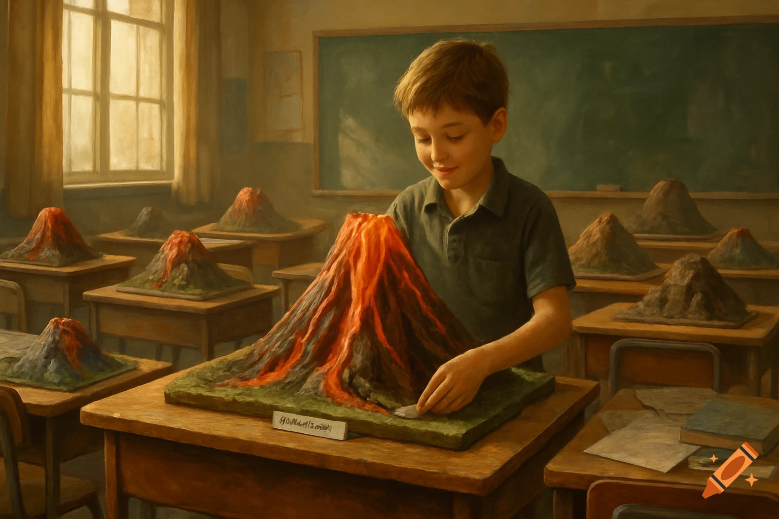 A smiling boy places a label on a vibrant erupting volcano model in a classroom filled with other volcano dioramas.