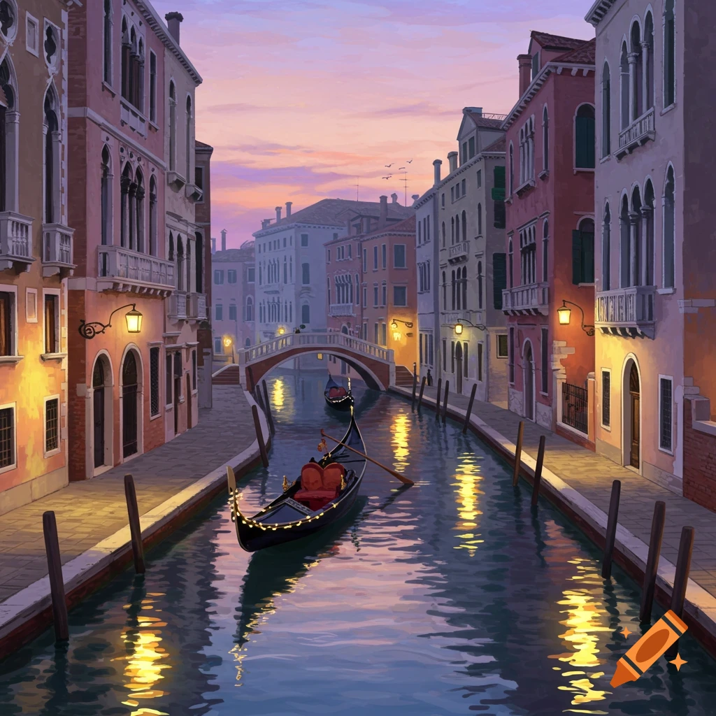 An illustrated Venice canal at sunset, with a gondola gliding past illuminated buildings and a bridge.