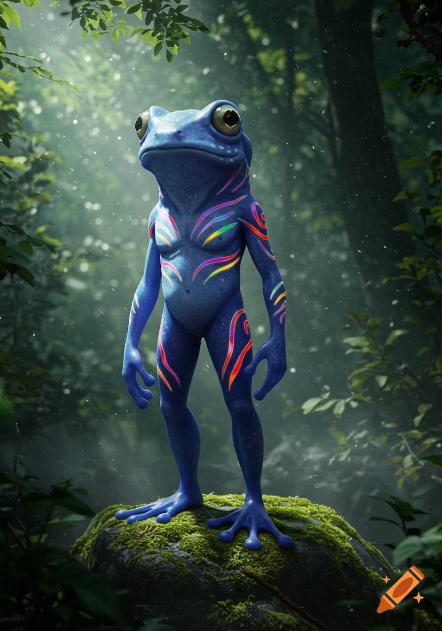 A blue anthropomorphic frog with vibrant rainbow-colored patterns stands on a mossy rock in a sun-dappled jungle.