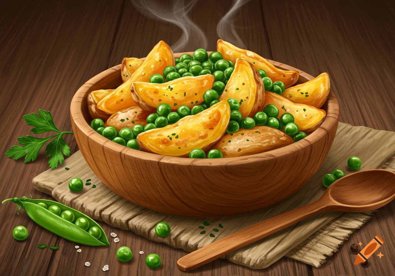 A wooden bowl of steaming fried potato wedges and green peas on a wooden table with a spoon and pea pod, in an illustrative style.