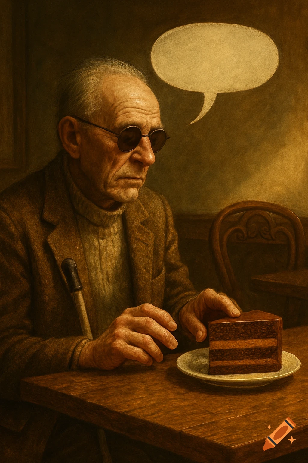 An elderly man with dark glasses and a cane looks at a chocolate cake slice, an empty speech bubble above his head, in a dark painting style.