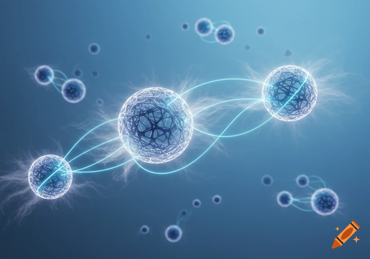 Glowing, intricately patterned spheres connected by luminous blue lines against a blue background, depicting abstract energy or conceptual connections.