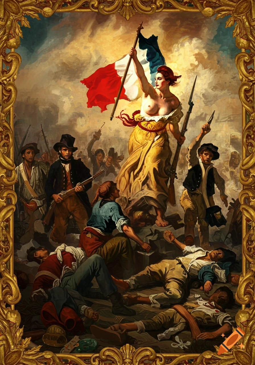 Painting of bare-chested Liberty holding a French flag, leading revolutionaries over fallen bodies in an ornate gold frame.
