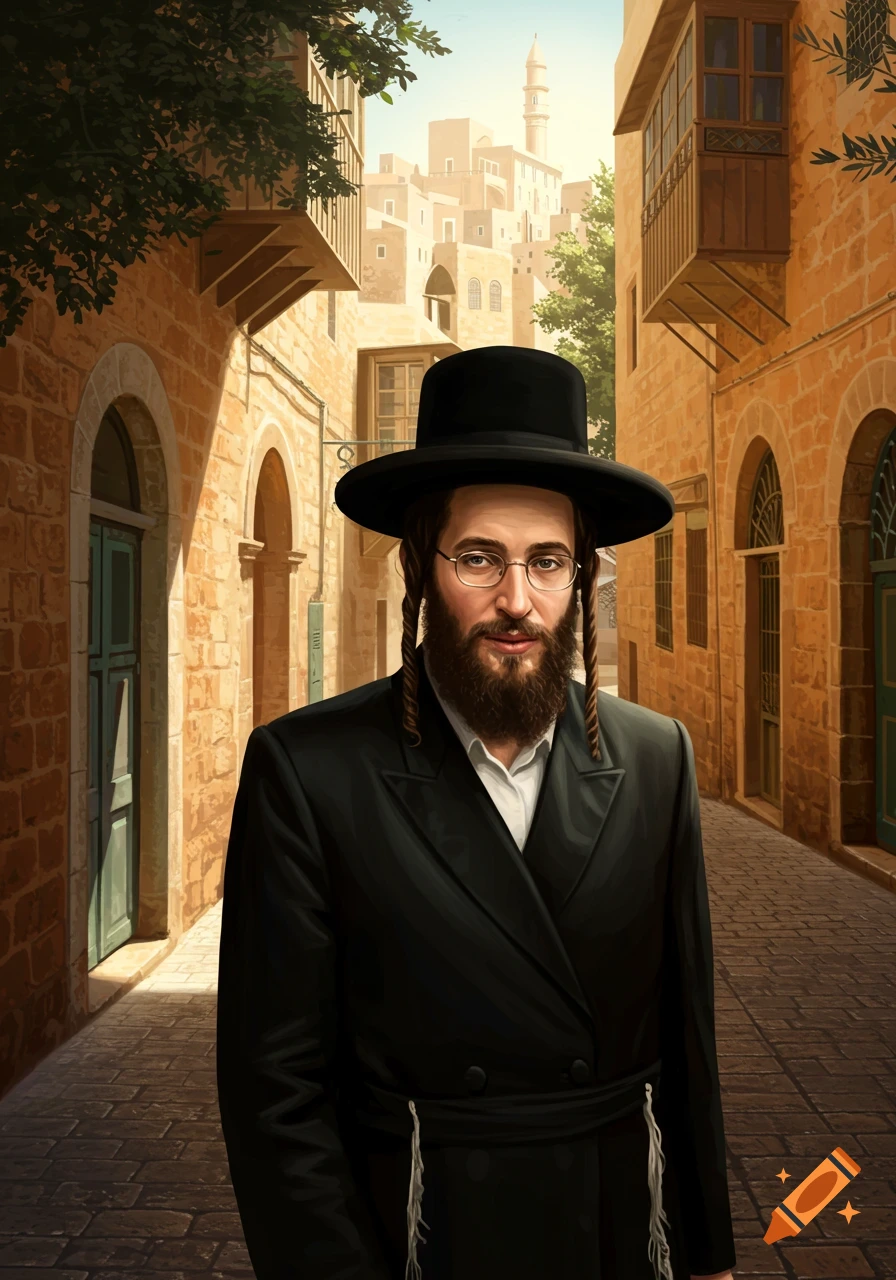 Portrait of an Orthodox Jewish man with a beard and peyos, wearing a black hat and coat, standing on a cobbled street in an old city.