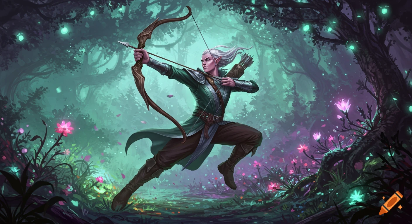 An elf archer leaping, drawing a bow in a magical forest filled with glowing teal lights and pink bioluminescent plants.