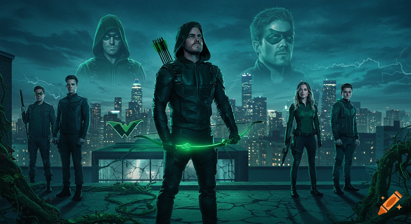 Oliver Queen with a glowing bow stands on a city rooftop with other characters, two ghostly figures, and a city skyline.