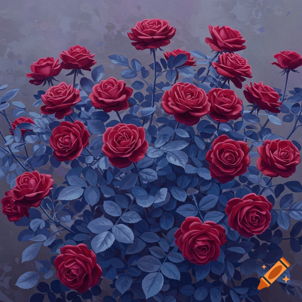 A dense bush of red roses with blue leaves on dark stems against a muted gray background.