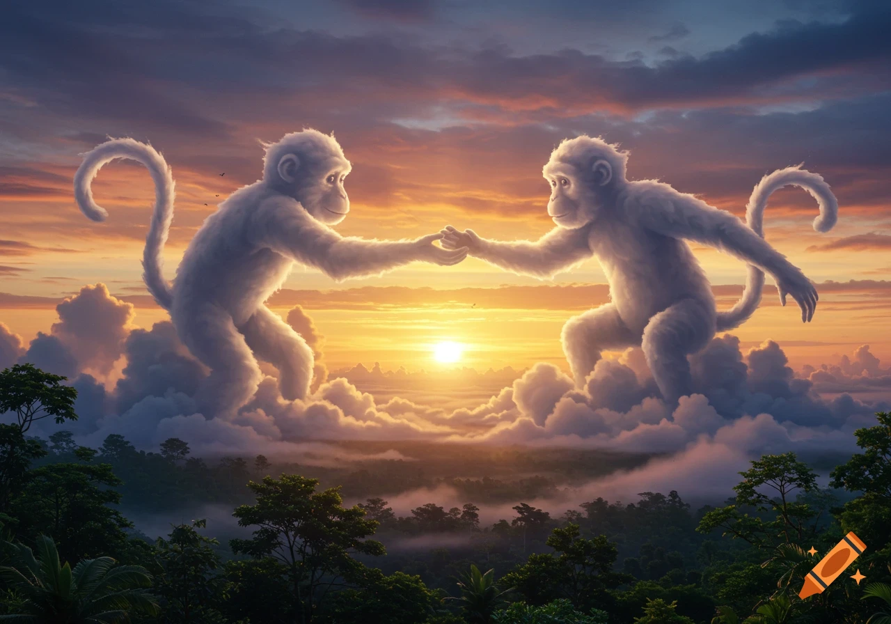 Two large, white monkey-shaped clouds touch hands above a lush green jungle at a vibrant sunset.