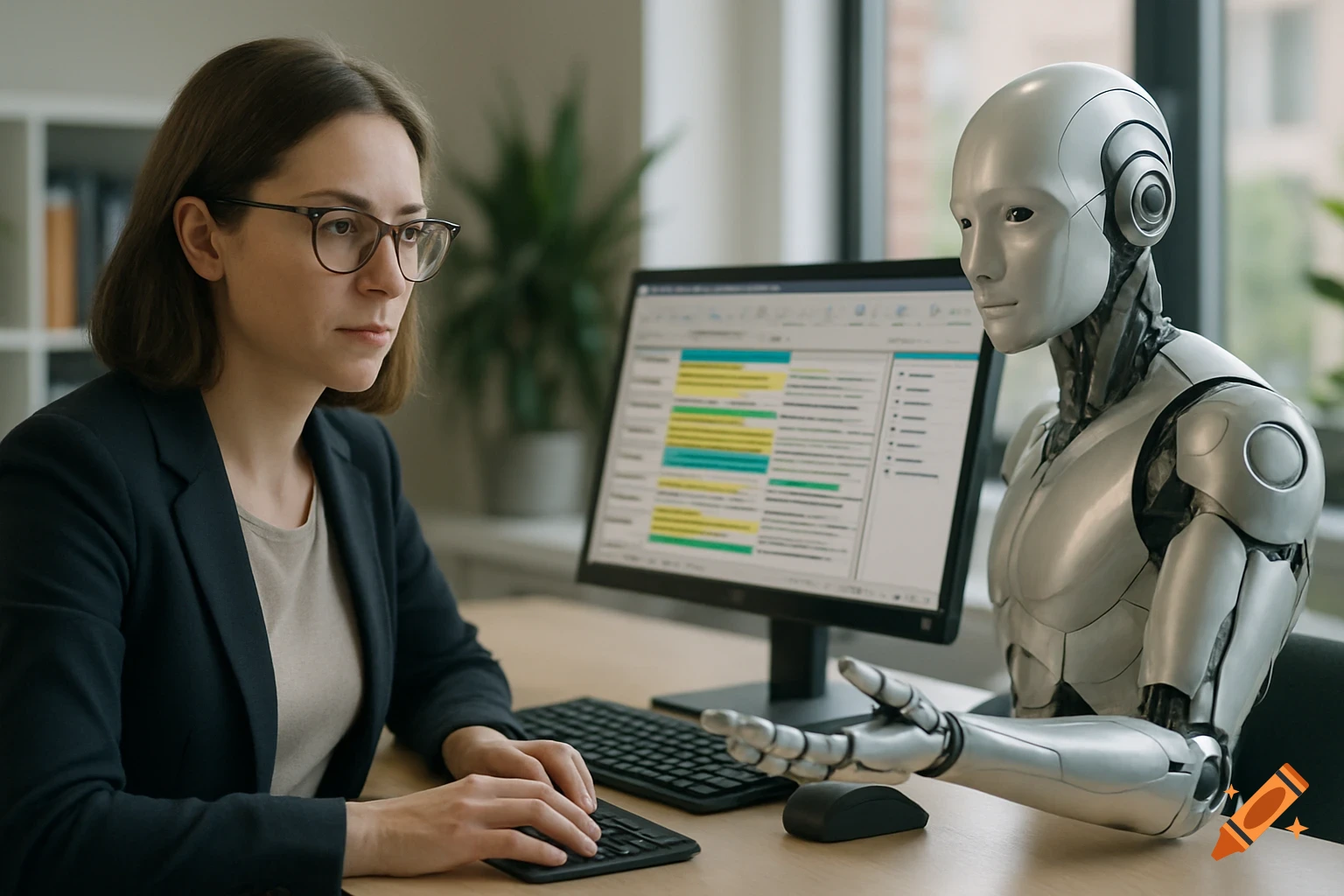 A woman works at a computer keyboard, looking at the screen, while a silver robot sits beside her with an open palm, in an office setting. Photorealistic style.