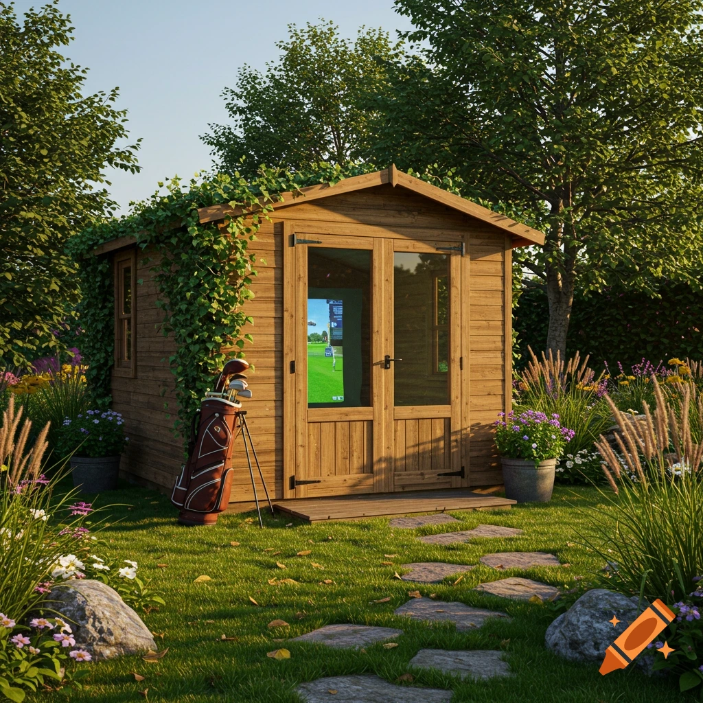 A wooden shed in a green garden houses a golf simulator, visible through its doors. A golf bag with clubs stands nearby.