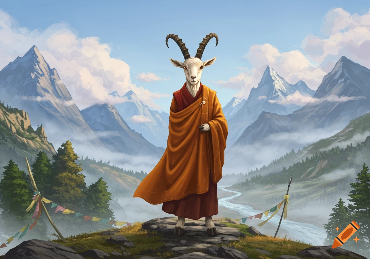 A painterly illustration of an anthropomorphic goat in orange monk robes standing on a mountain peak with a river and snowy peaks.
