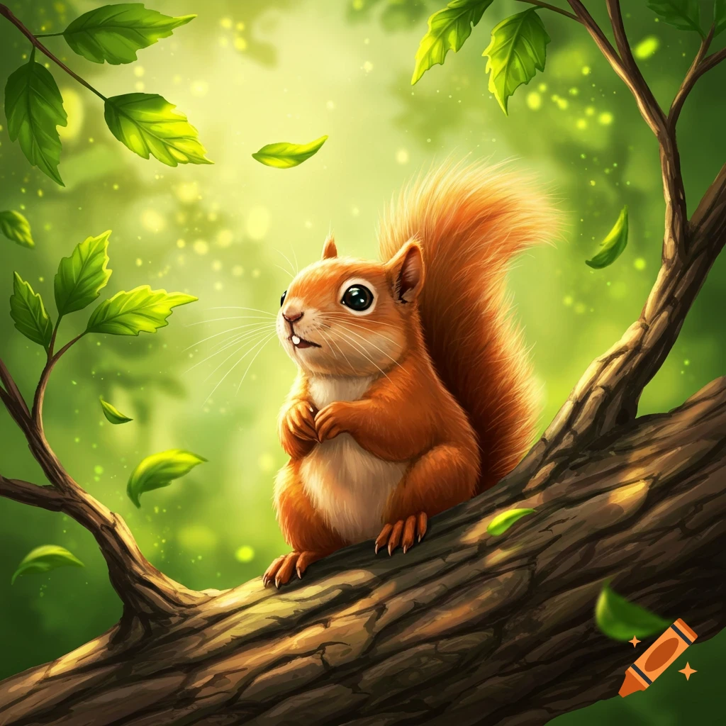 A cute, orange squirrel with a fluffy tail sits on a tree branch, looking upwards in a whimsical, illustrative style.