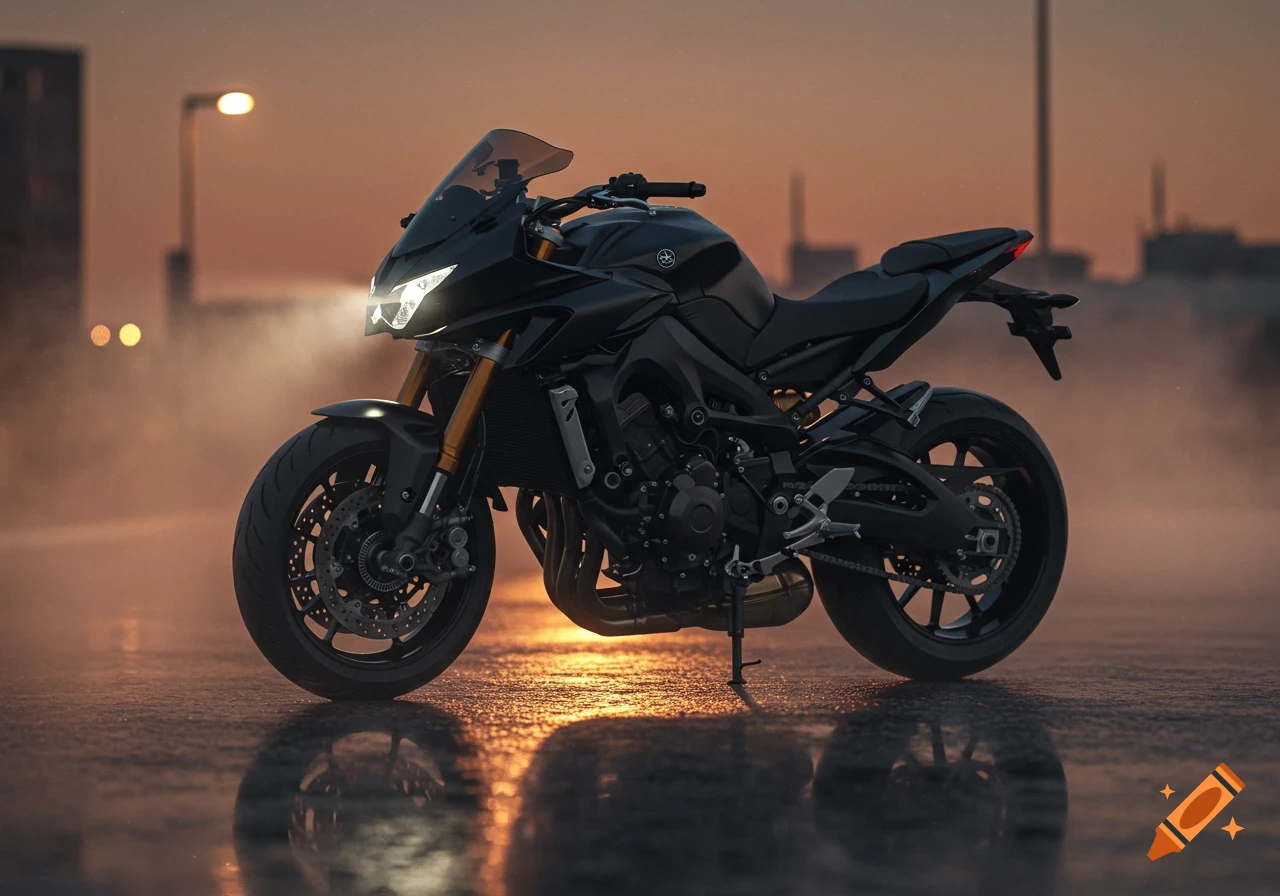 A black motorcycle with its headlights on, parked on wet asphalt at dusk, with reflections on the ground.