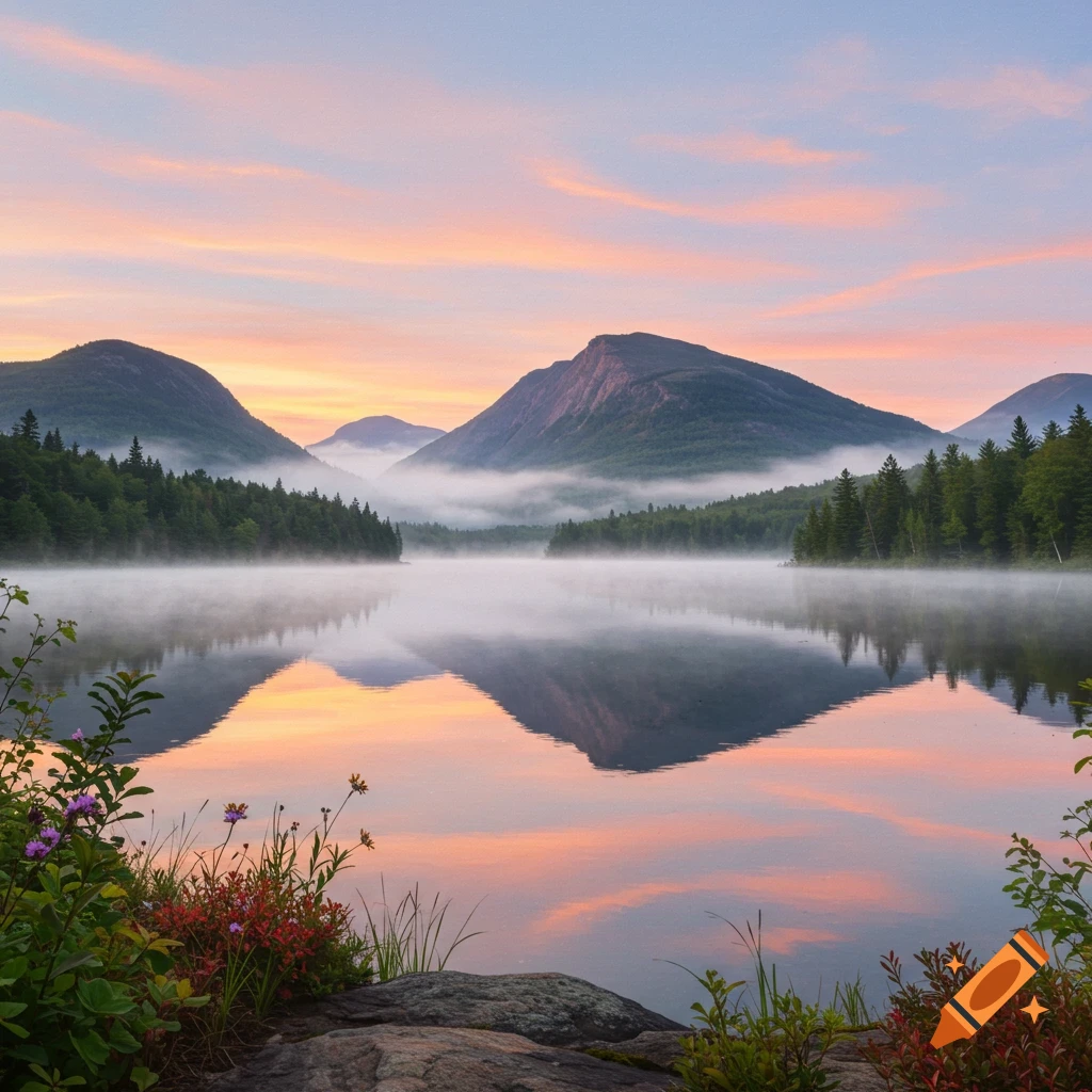 A misty lake reflects a colorful sunrise sky, surrounded by dark green mountains and forests with rocks and plants in the foreground.