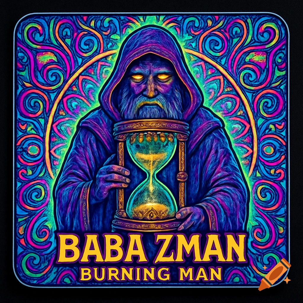 A psychedelic sticker illustration of a wizard with glowing eyes holding an hourglass, with text 'BABA ZMAN BURNING MAN'.