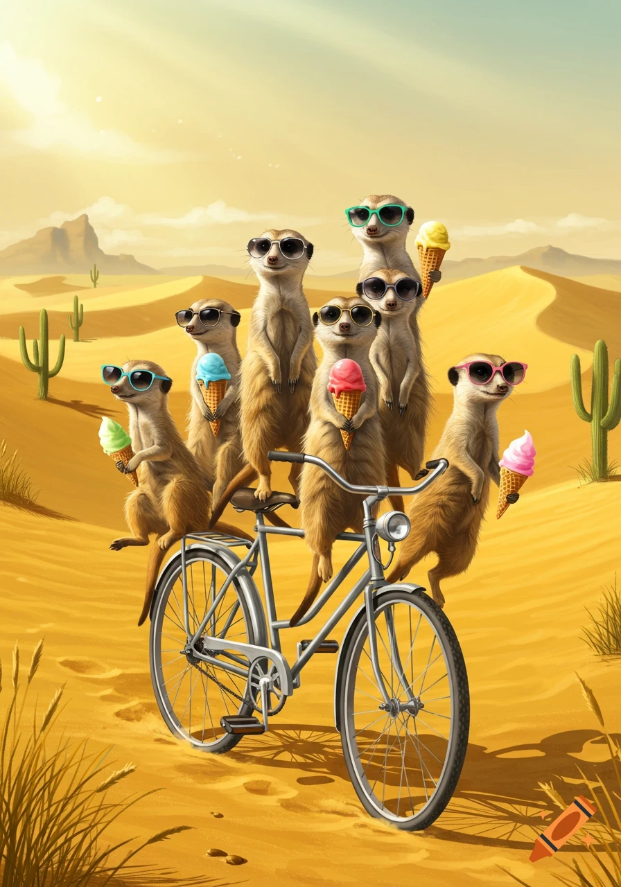 Six meerkats in sunglasses ride a bicycle through a sunny desert, each holding an ice cream cone.