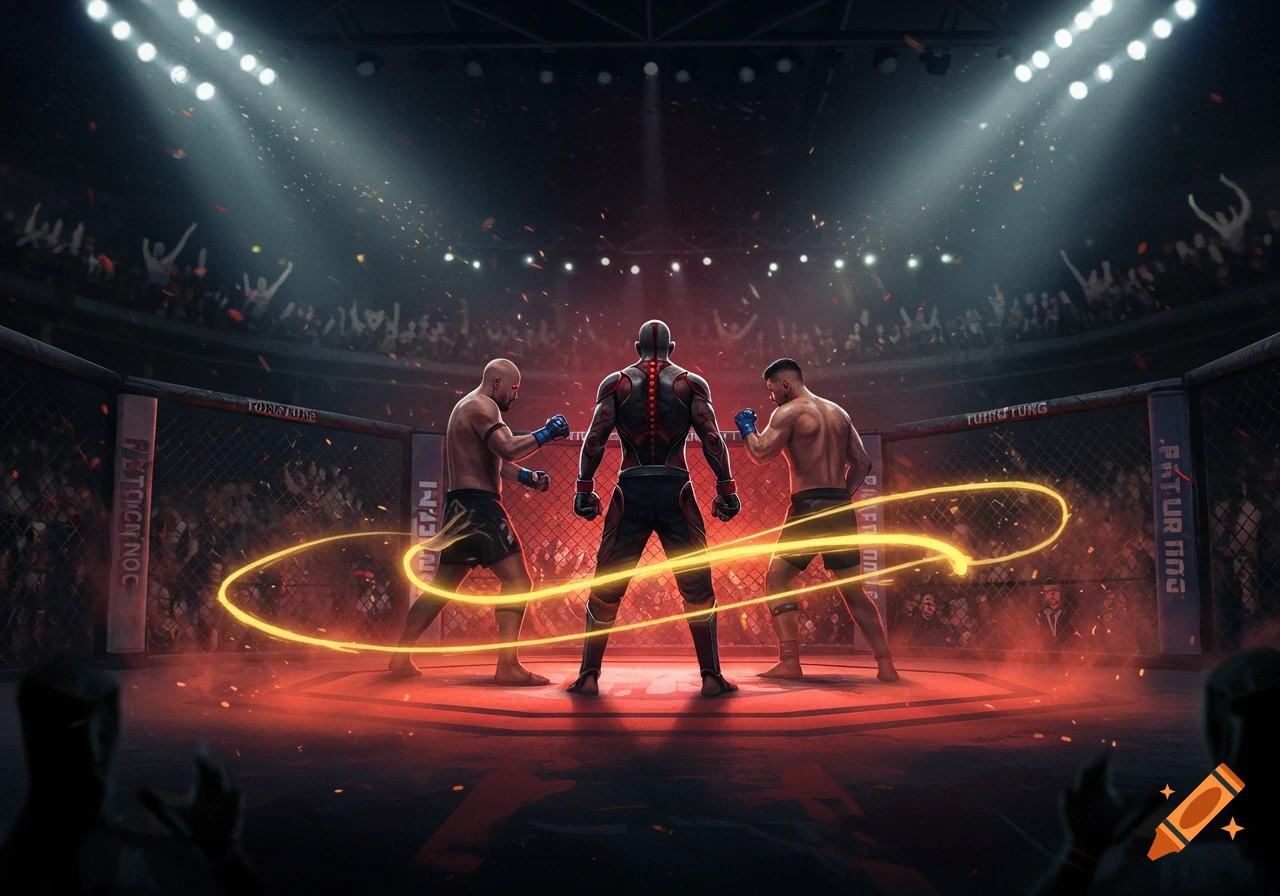 Three muscular fighters stand in a dimly lit MMA octagon, surrounded by a cheering crowd and glowing red and yellow lights, ready for battle.