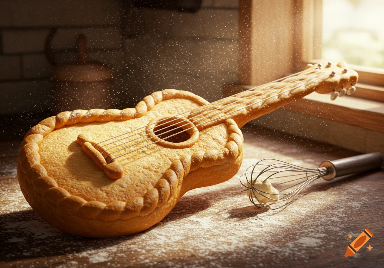 A photorealistic bread guitar with metal strings and a whisk on a flour-dusted wooden surface, bathed in warm light.