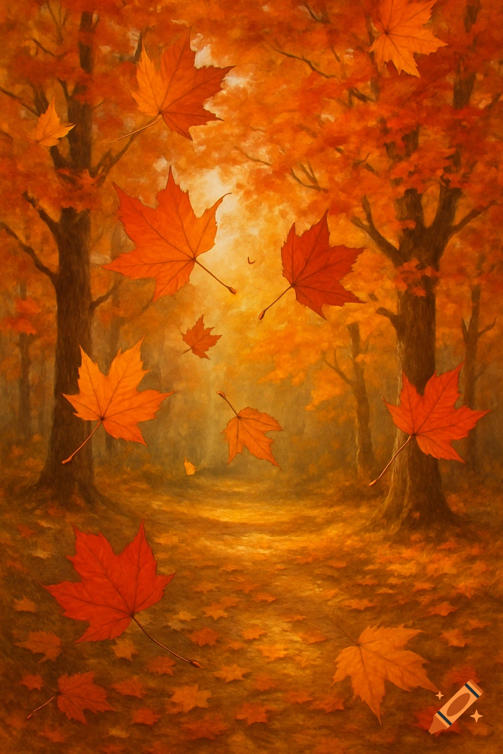 A vibrant painting of an autumn forest path with numerous orange and red leaves falling from trees and scattered on the ground.