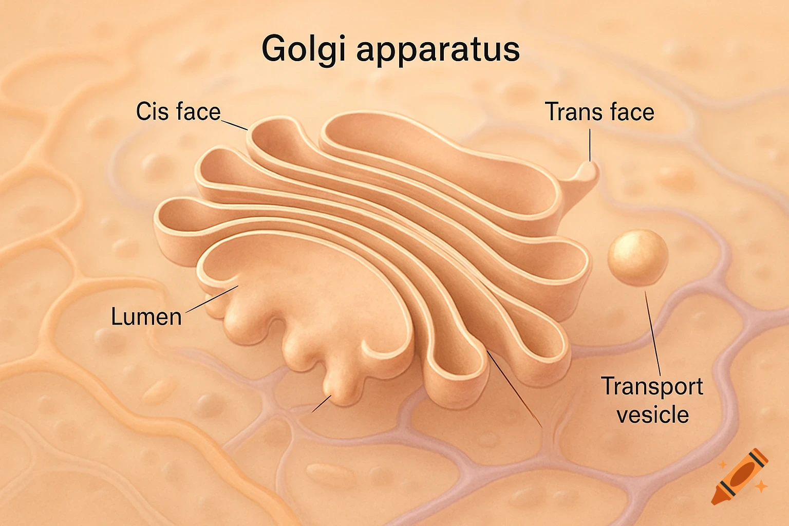 A detailed diagram of the Golgi apparatus with parts like Cis face, Trans face, Lumen, and Transport vesicle labeled.