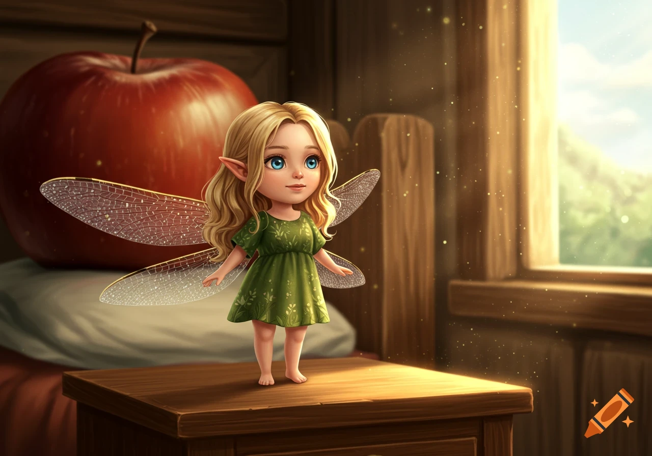 A tiny blonde fairy with blue eyes and sparkling dragonfly wings stands on a wooden nightstand, with a giant red apple behind her and a sunlit window in the background.