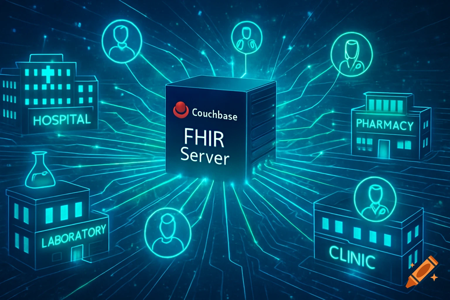 Digital illustration of a Couchbase FHIR Server cube connecting a hospital, pharmacy, laboratory, clinic, and patient/doctor icons.