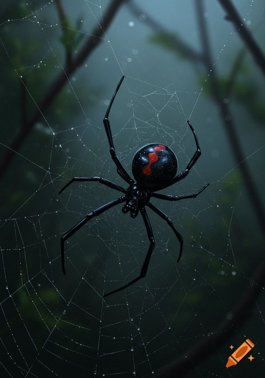 A black widow spider with a red hourglass marking on its abdomen rests on a dewy web in a dark forest.