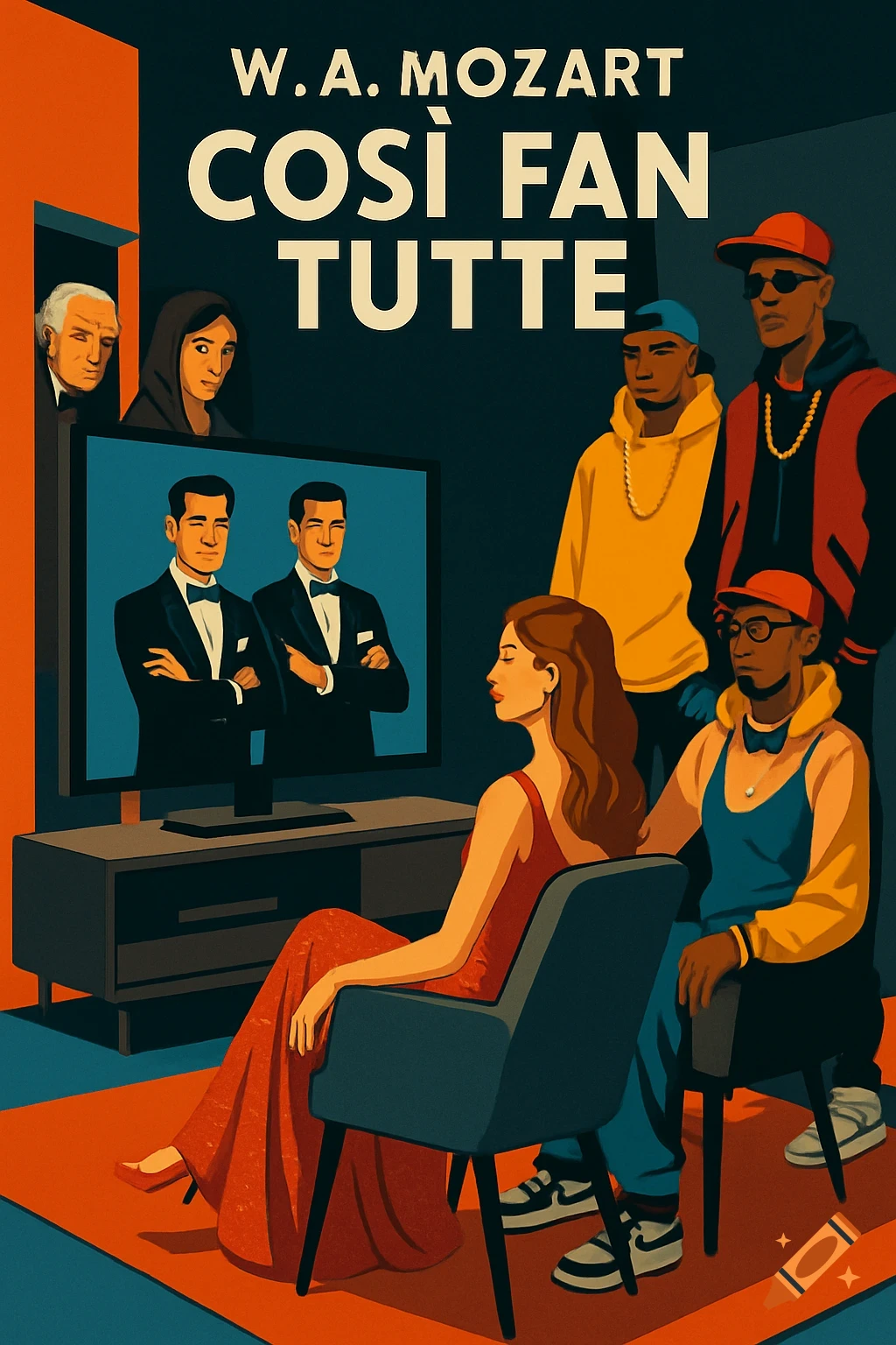 A modern illustration poster for Mozart's 'Cosi fan tutte' featuring diverse characters watching TV.
