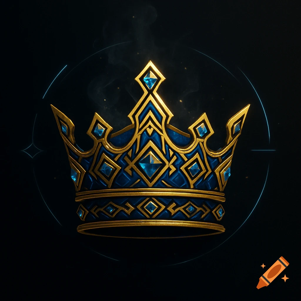 A highly detailed golden crown with blue gems and intricate patterns against a dark, smoky background.