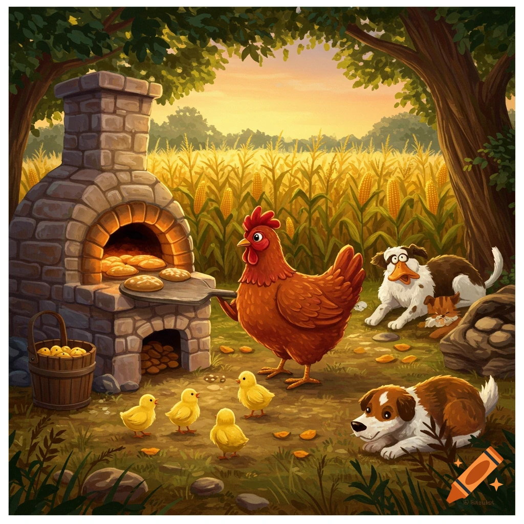 Illustrated red hen baking cornbread in a brick oven on a farm, with chicks, dogs, and a cat, set against a cornfield.