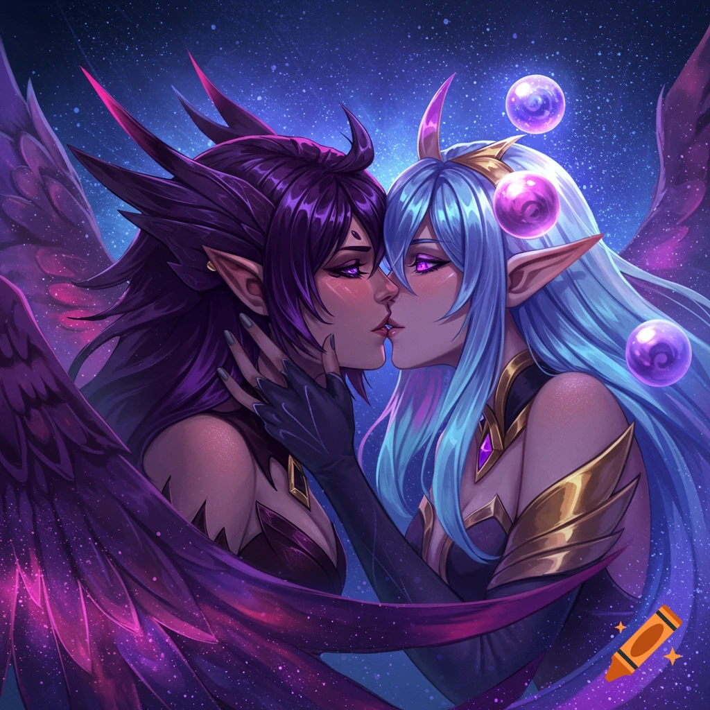 Two winged fantasy women with long hair and elven ears kiss intimately against a starry blue and purple background.