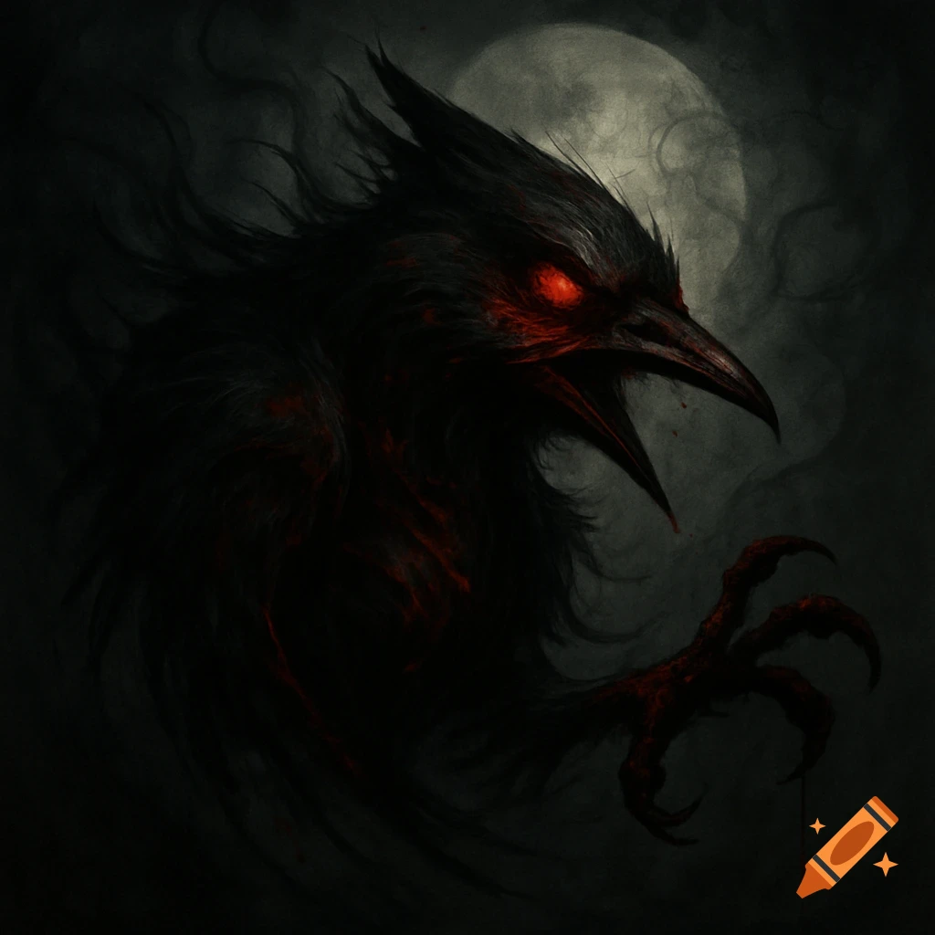 Stylized horror art of a dark, monstrous crow with glowing red eyes, an open beak, sharp talons, and red markings, against a full moon.
