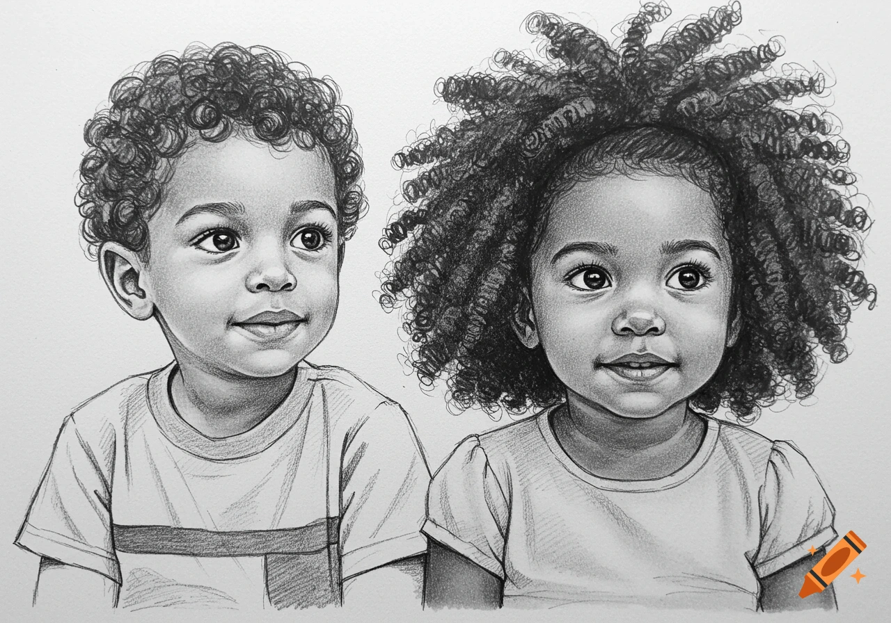 A black and white pencil sketch of a smiling boy and girl with curly hair.