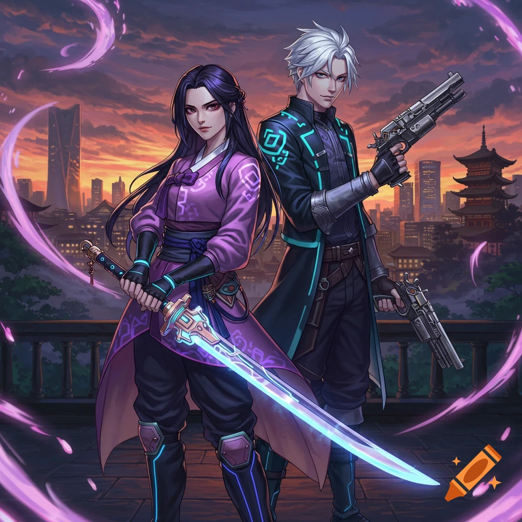 Two anime-style characters, a woman with a glowing sword and a man with pistols, stand before an urban sunset cityscape.