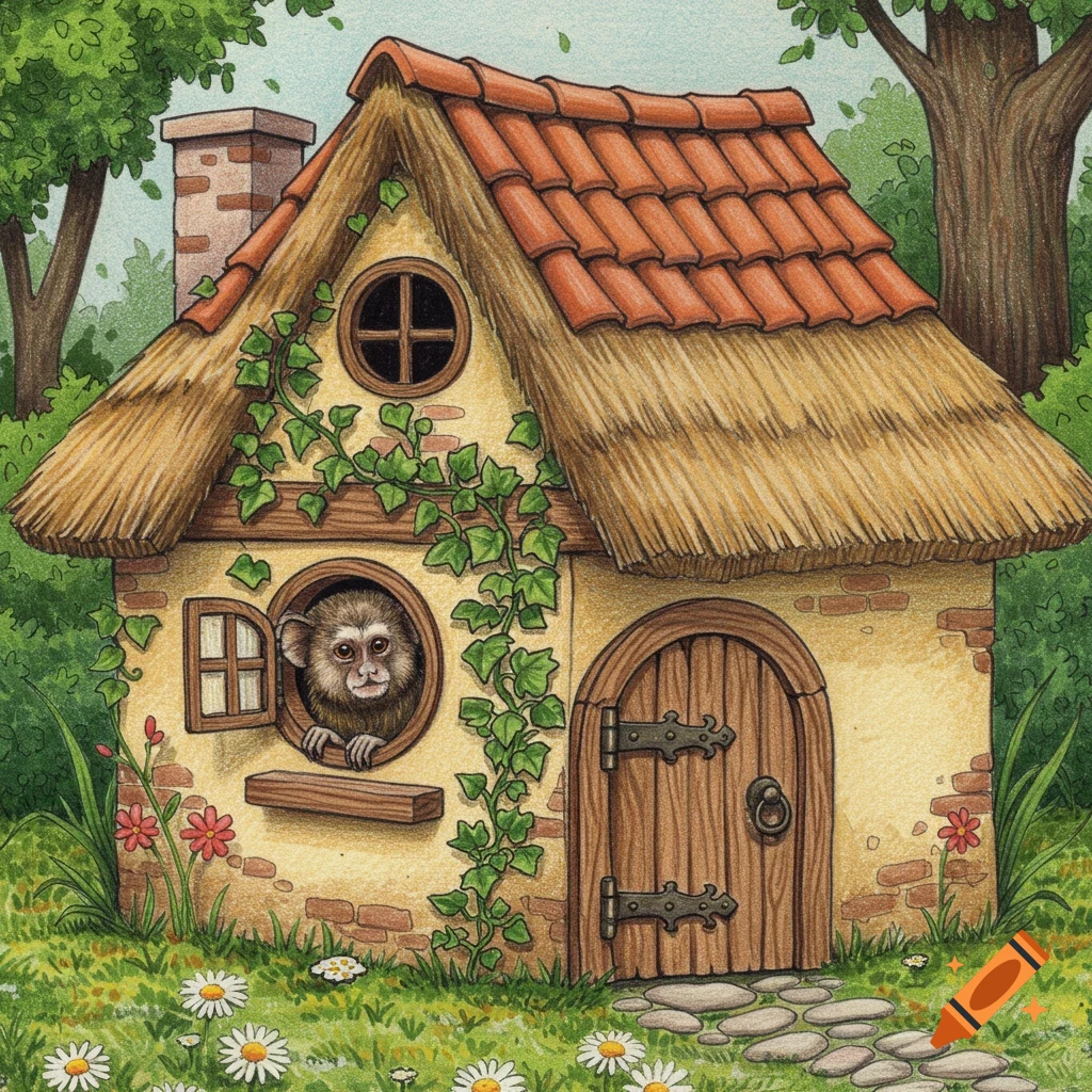 A colored pencil illustration of a cute marmoset peeking out of a round window in a whimsical thatched-roof house, surrounded by trees and flowers.