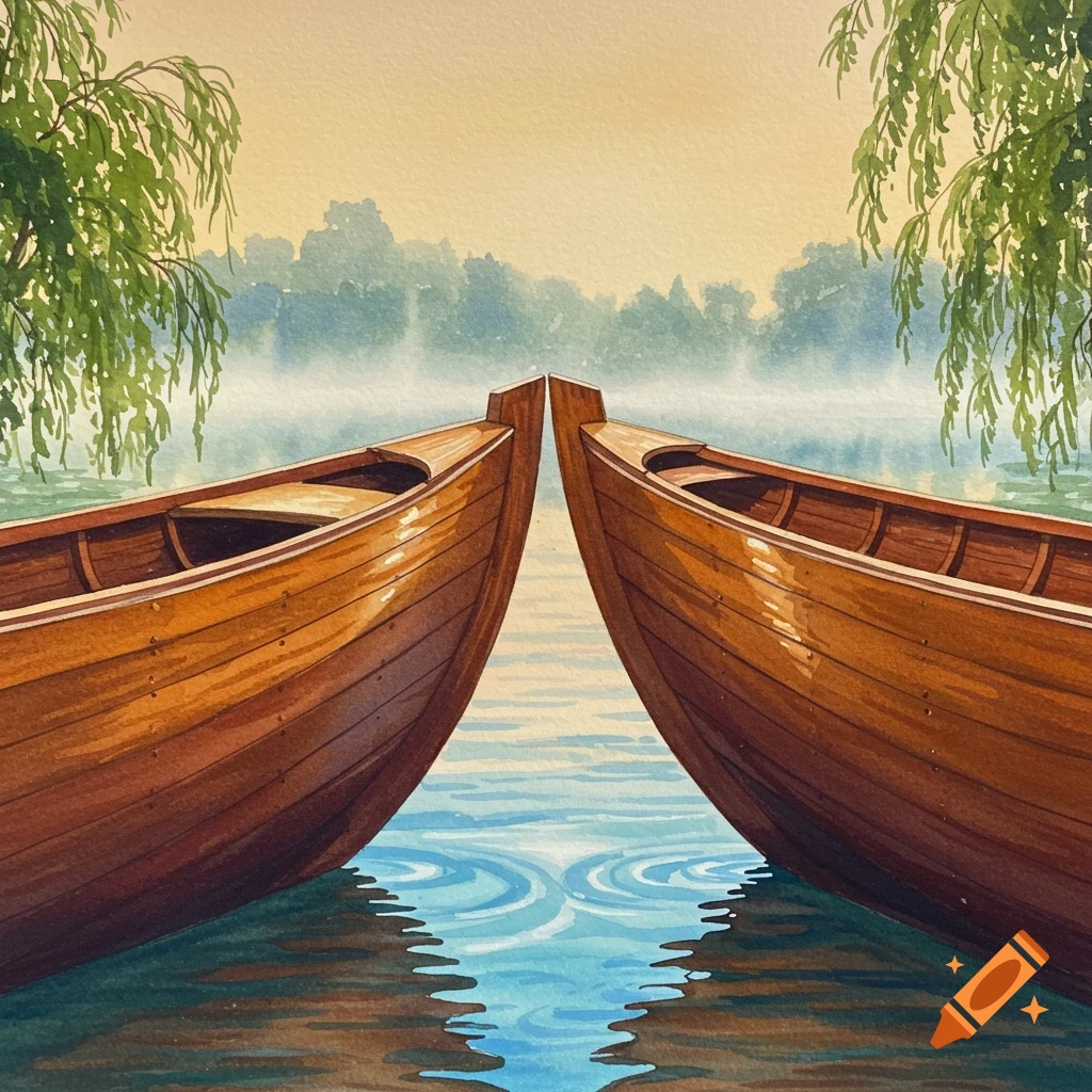Two wooden boats face each other on calm water with reflections, surrounded by trees and mist in a watercolor style.