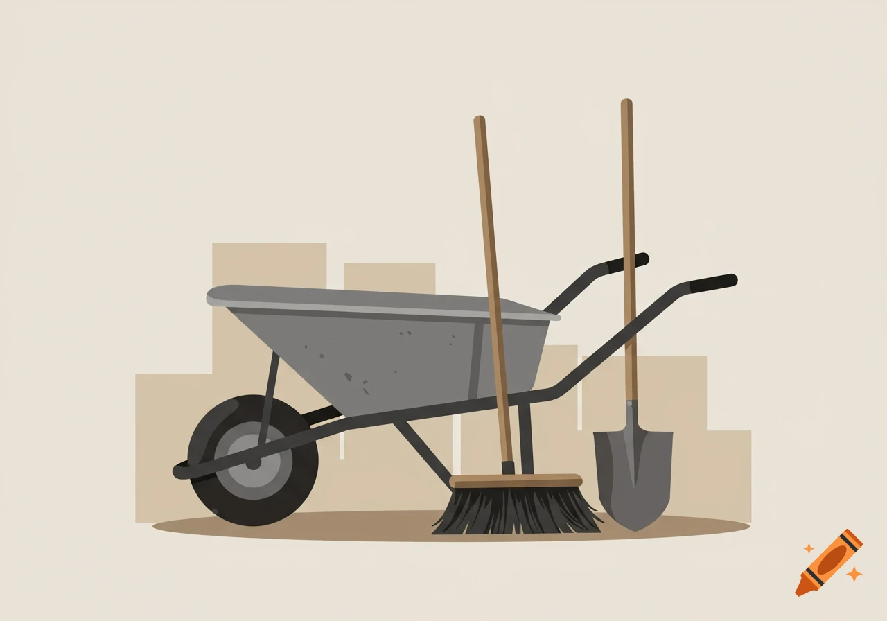 A flat illustration of a grey wheelbarrow, a broom, and a shovel on a light background.