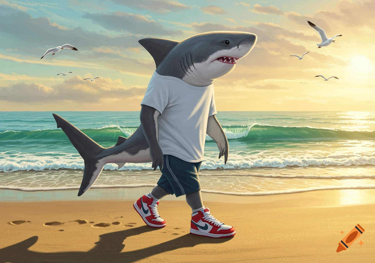 An anthropomorphic shark walks on a sandy beach wearing a white t-shirt, blue shorts, and red and white sneakers under a sunset sky with seagulls.