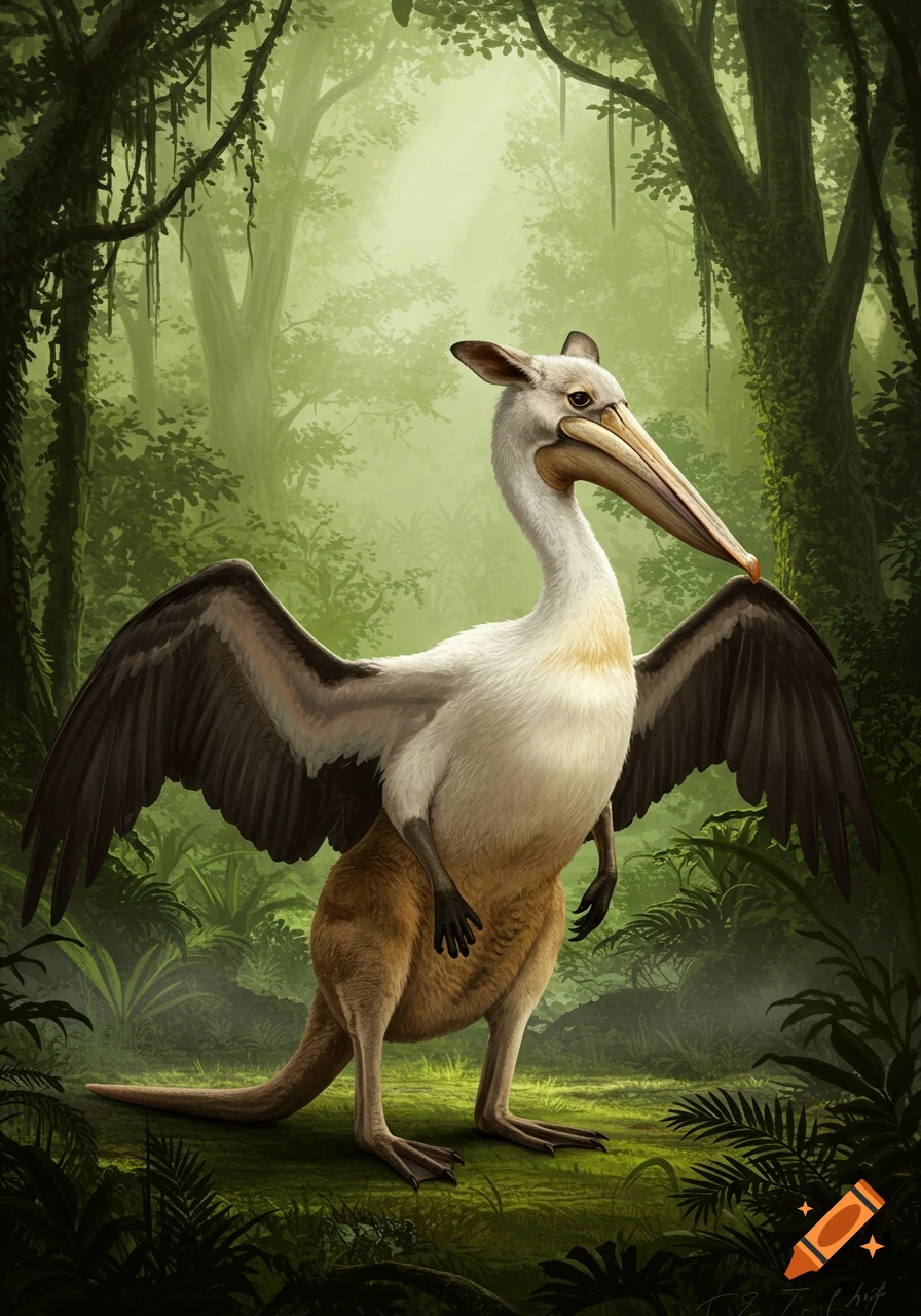 A mythical creature with a pelican-like head, kangaroo body and limbs, and bat wings stands in a lush jungle.