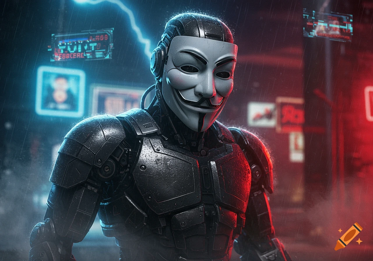 A detailed G.I. robot wearing a Guy Fawkes mask stands in a rainy, neon-lit cyberpunk city at night.