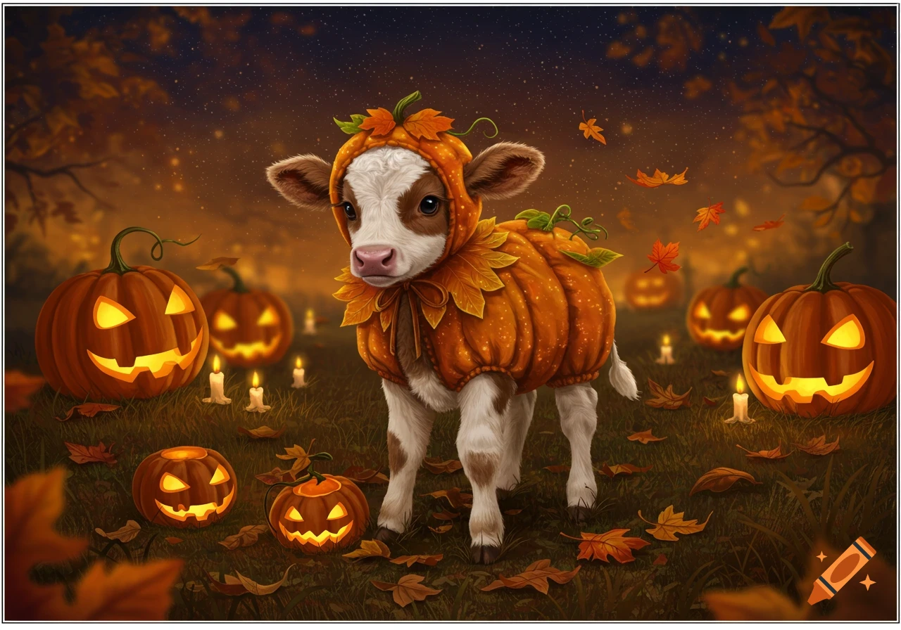 A cute calf in a pumpkin Halloween costume stands in a field among glowing jack-o'-lanterns and autumn leaves under a starry night sky.